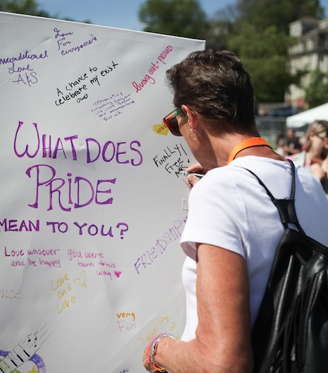 Person writing what pride means to them on poster